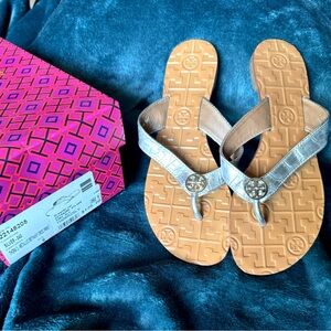 Tory Burch Metallic Silver and Tan Sandals